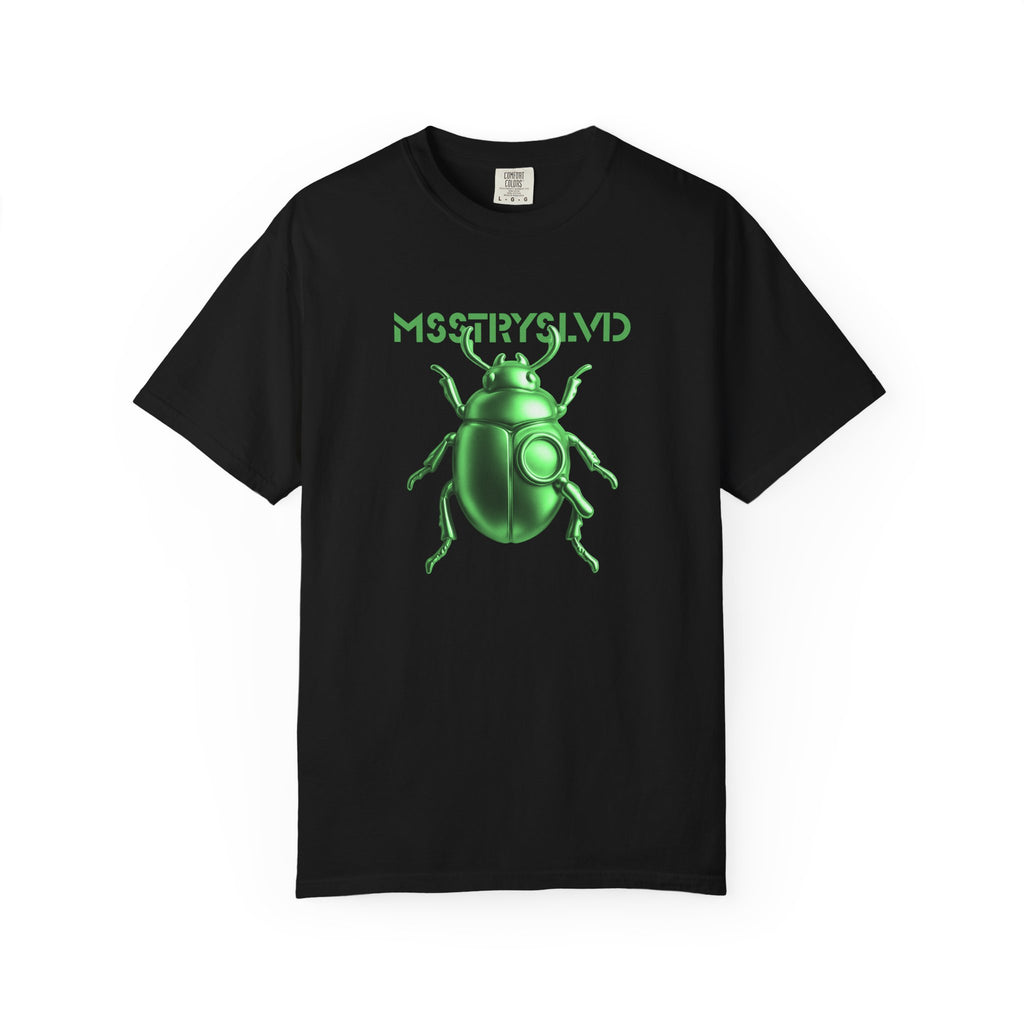Cyber Beetle Graphic T-Shirt – Futuristic Insect Streetwear Tee, Neon Emerald Green Bug Design Techwear Top For Men & Women