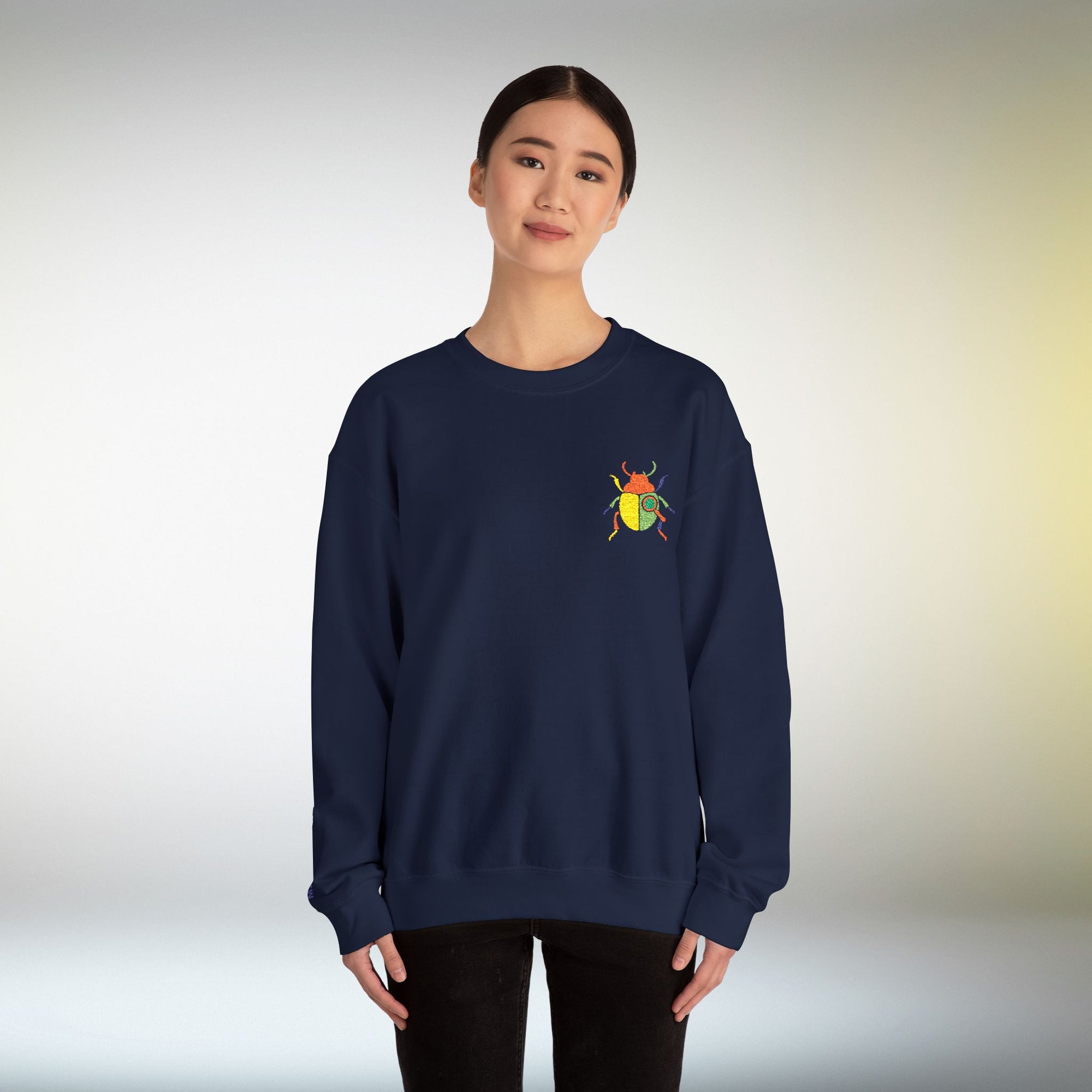 Embroidered Beetle Sweatshirt | Minimal Mystery Insect Design | Unisex Long Sleeve Crewneck | Mid Century Inspired Aesthetic Streetwear