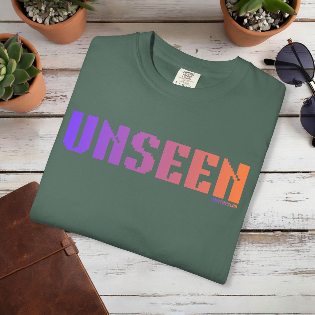 UNSEEN Graphic T Shirt Aesthetic Streetwear Tee, Retro Pixel Unisex Minimal Typography Statement Shirt, Travel Pastel Fashion Top