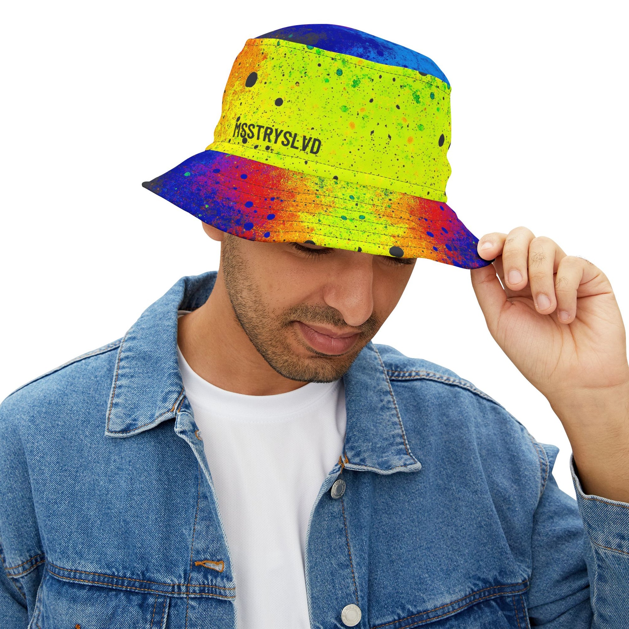 BEACON Color Splash Bucket Hat in Neon Yellow, Blue & Orange | Reversible Bold Streetwear Festival Hat Unisex
