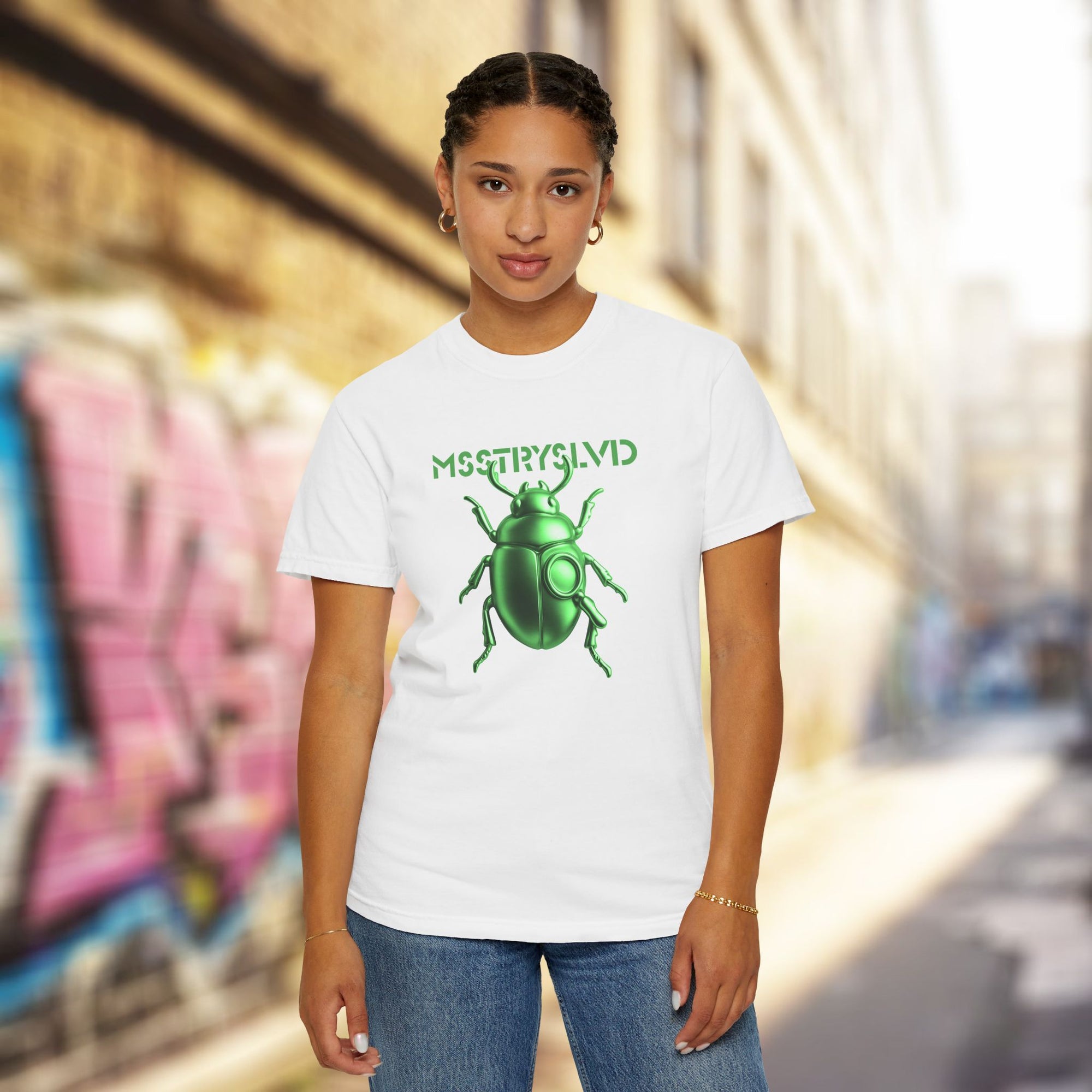 Cyber Beetle Graphic T-Shirt – Futuristic Insect Streetwear Tee, Neon Emerald Green Bug Design Techwear Top For Men & Women