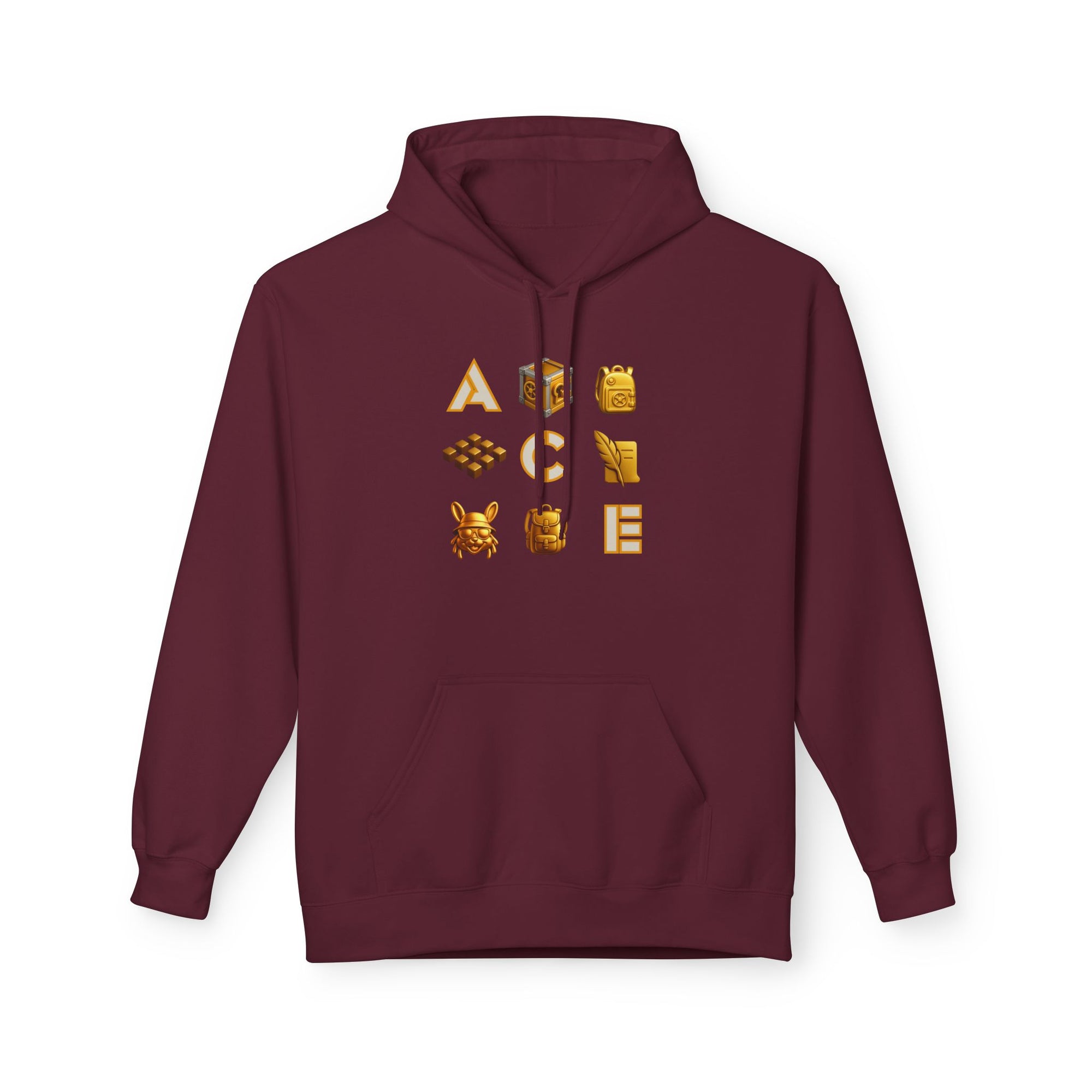 ACE Icon Hoodie – Golden Vault Game Symbols, Retro Gamer Puzzle Graphic Hoodie