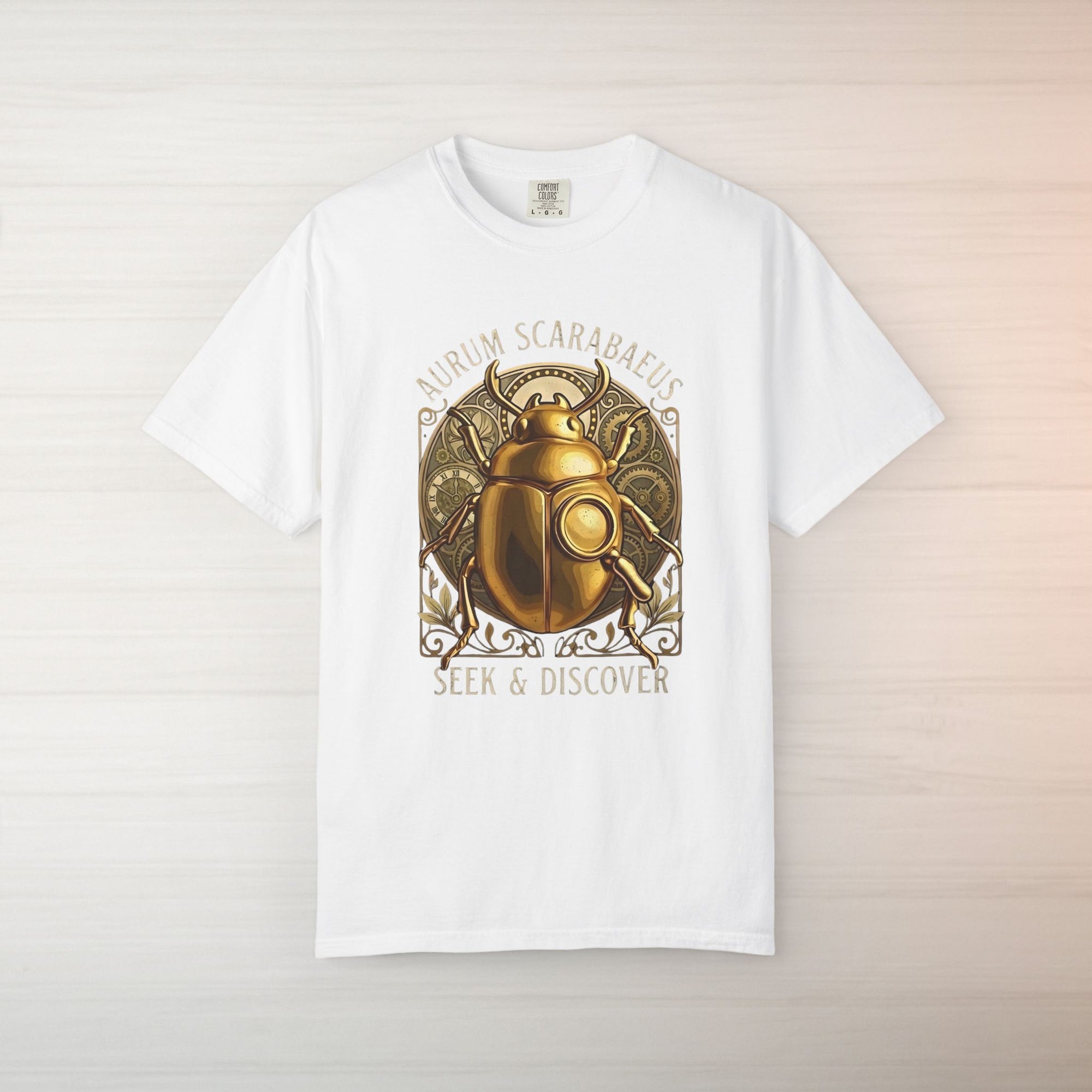 Golden Scarab T Shirt Aurum Scarabaeus | Seek & Discover Graphic Tee | Mystical Beetle Symbol Shirt | Unisex Vintage Art Tee