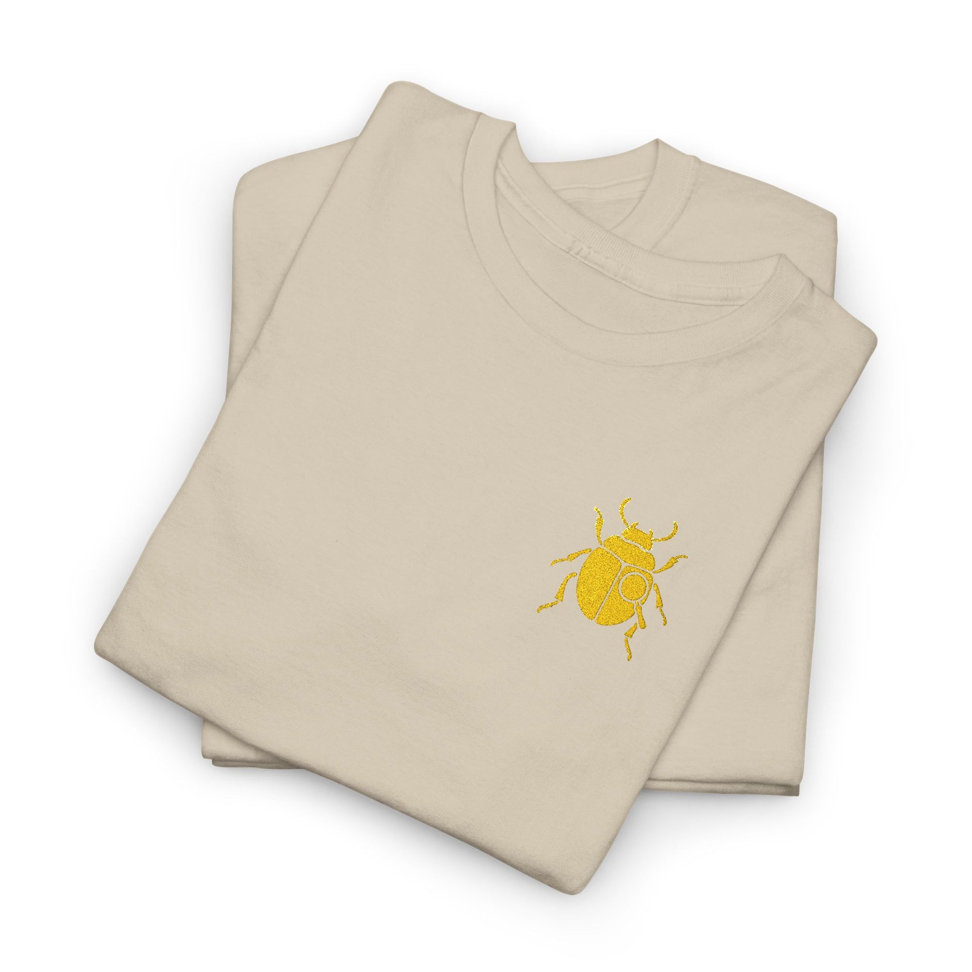 Gold Scarab Beetle Embroidered T-Shirt – Steampunk Insect Design, Unique Golden Bug Cotton Tee for Men & Women
