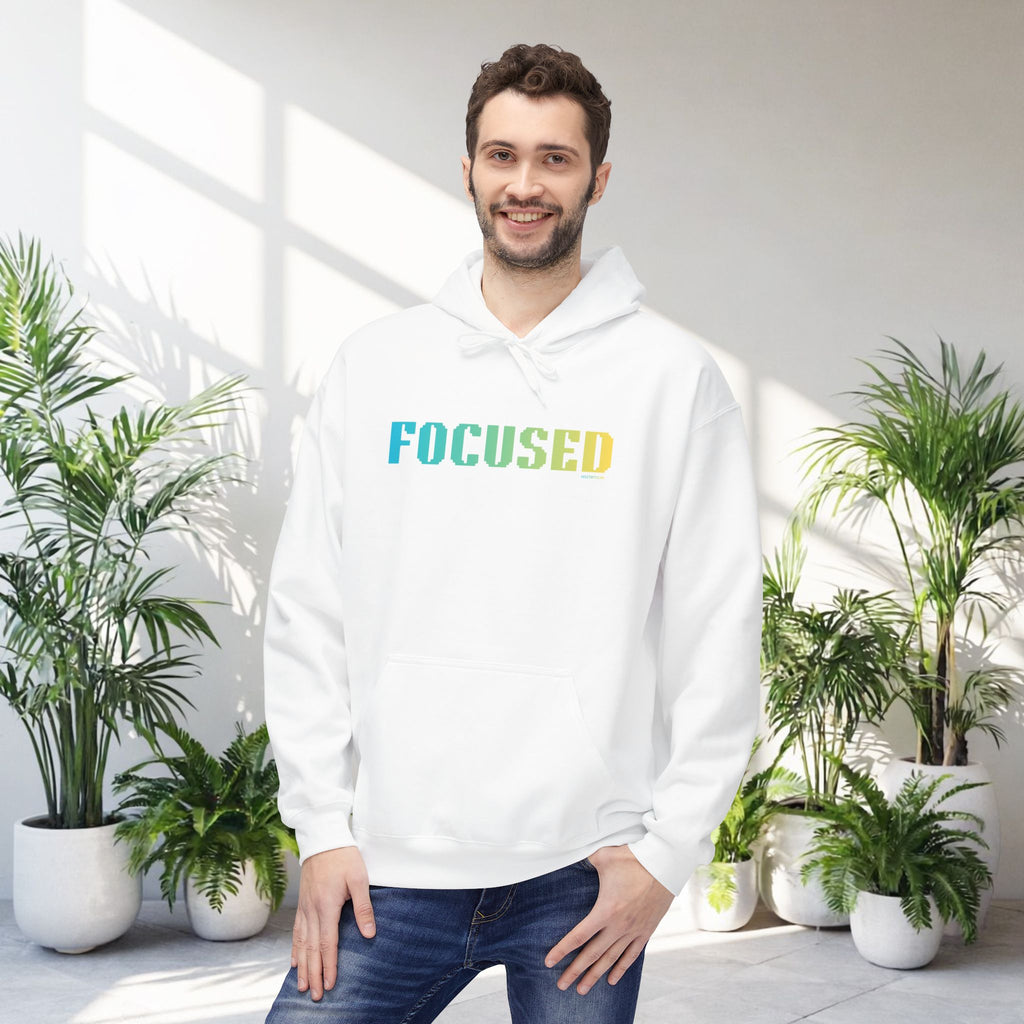 Focused Bold Big Quote Hoodie | Bold Colorful Print Retro Graphic Pullover