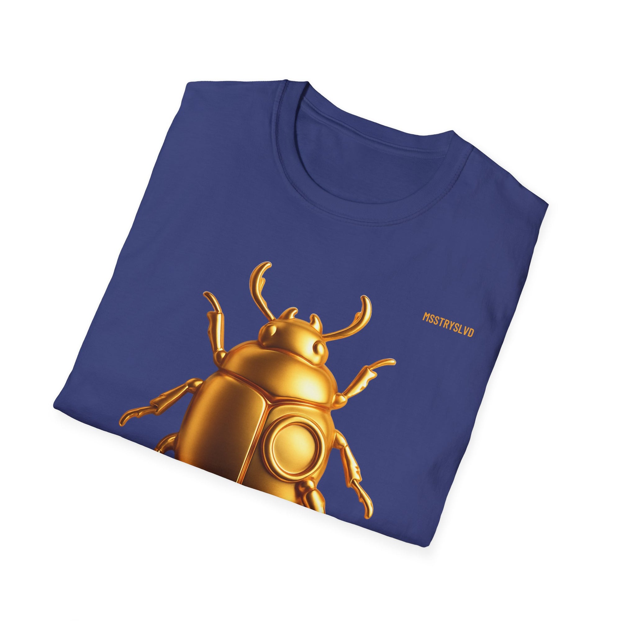 Gold Scarab Beetle T-Shirt – Futuristic Metallic Insect Graphic Print Tee | Golden Beetle Mystery | Streetwear Unisex T-Shirt
