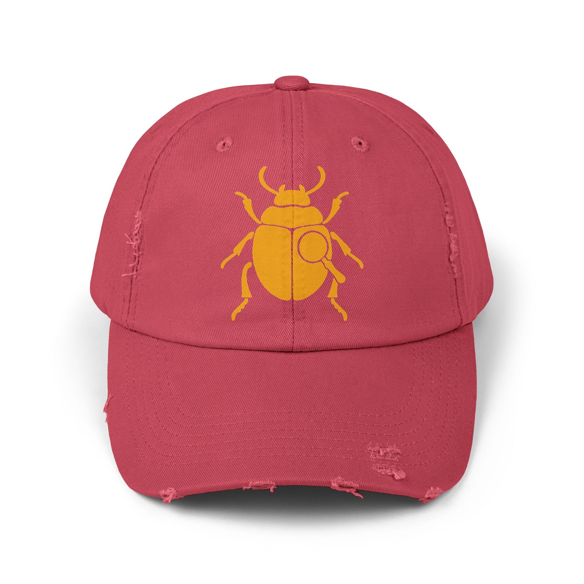 Classic Unisex Distressed Cap with Gold Beetle Embroidery – Retro Bug Design, Cool Streetwear Golden Insect Aesthetic Cap