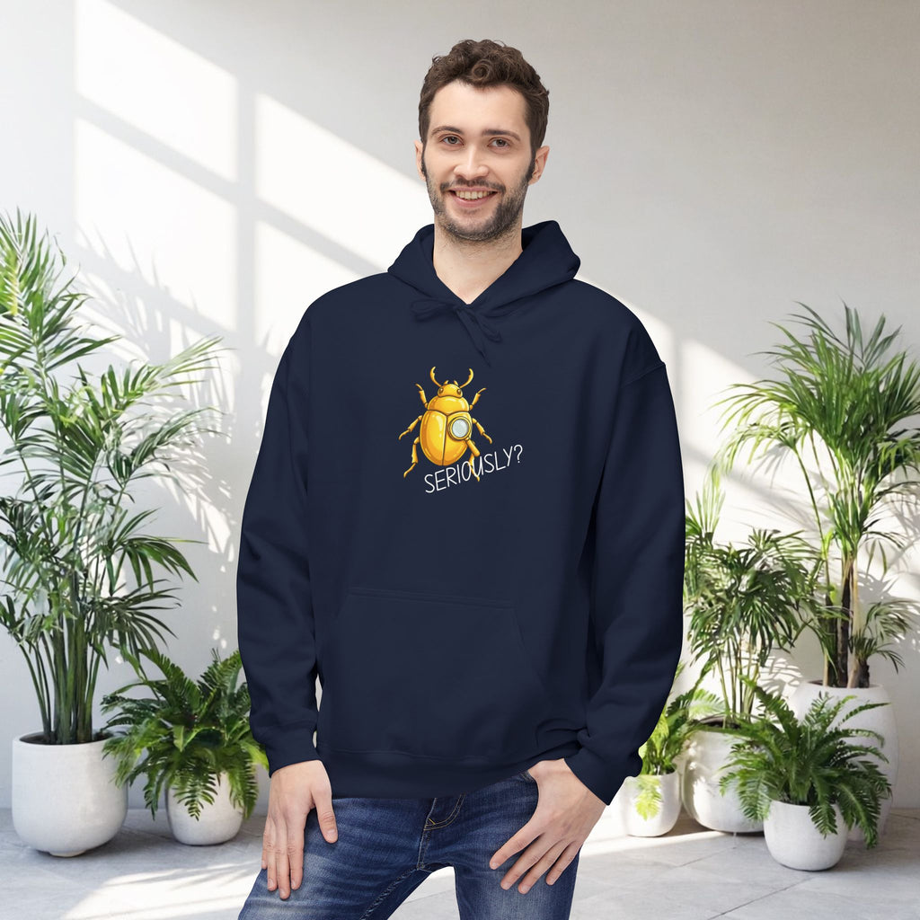Funny Golden Beetle Hoodie “Seriously?” Quote Graphic Pullover Humor Streetwear