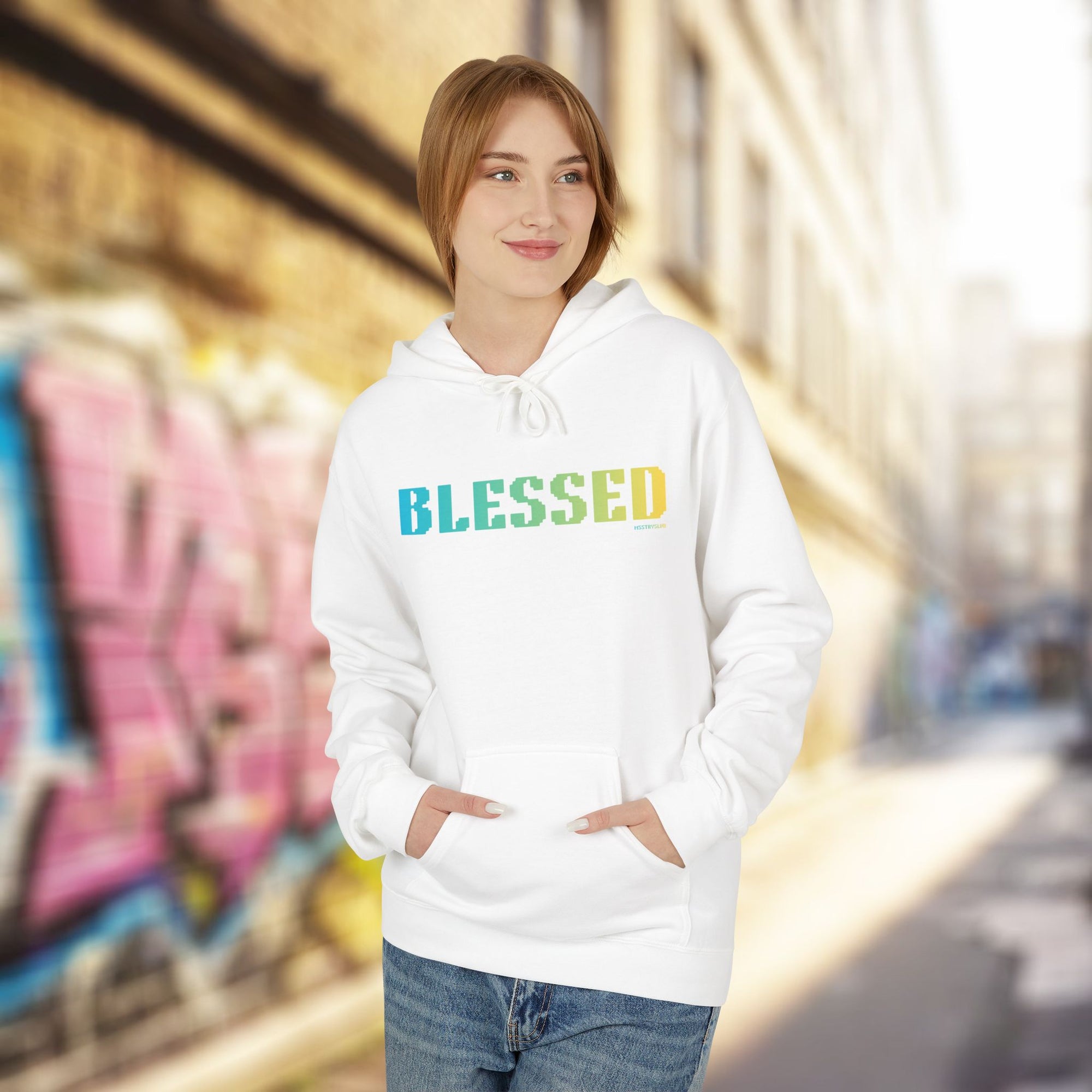 Blessed Big Quote Hoodie | Bold Colorful Print Grateful Retro Graphic Pullover