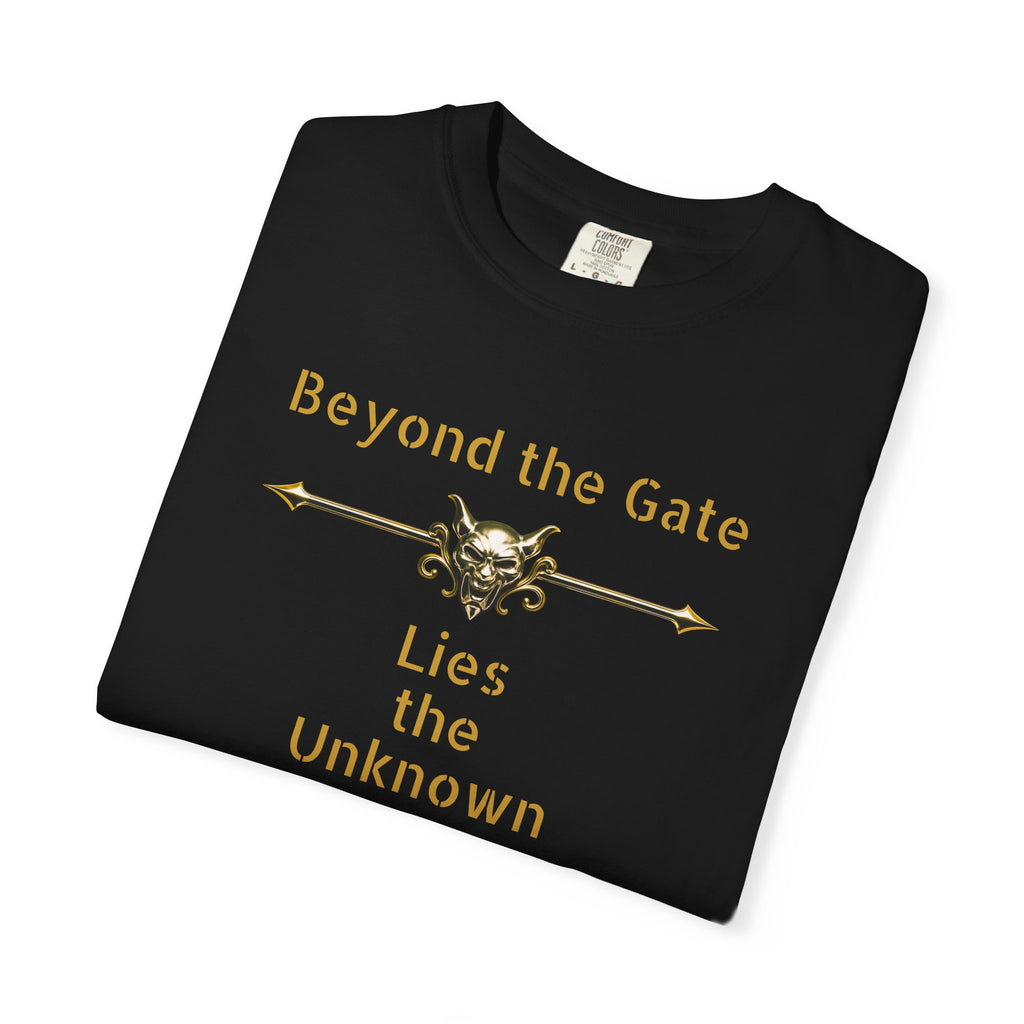 Beyond the Gate Lies the Unknown T-Shirt – MSSTRYSLVD® Gold Vault Edition | Dark Fantasy Streetwear for Fearless Players
