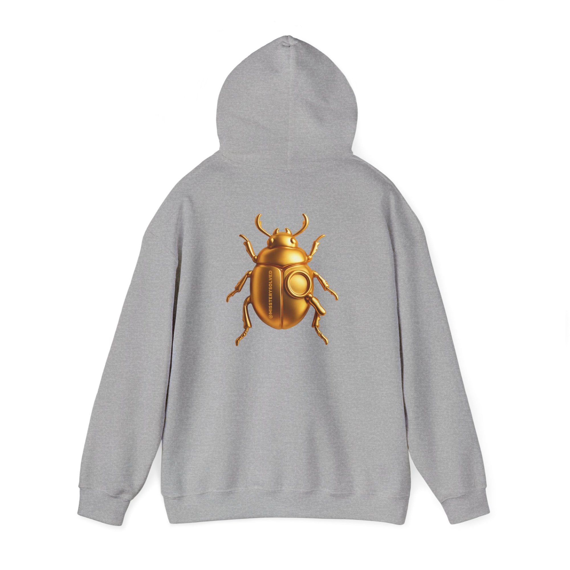 Gold Scarab Beetle Hoodie – Futuristic Steampunk Insect | Unisex Heavy Blend Hooded Sweatshirt Front and Back Graphic