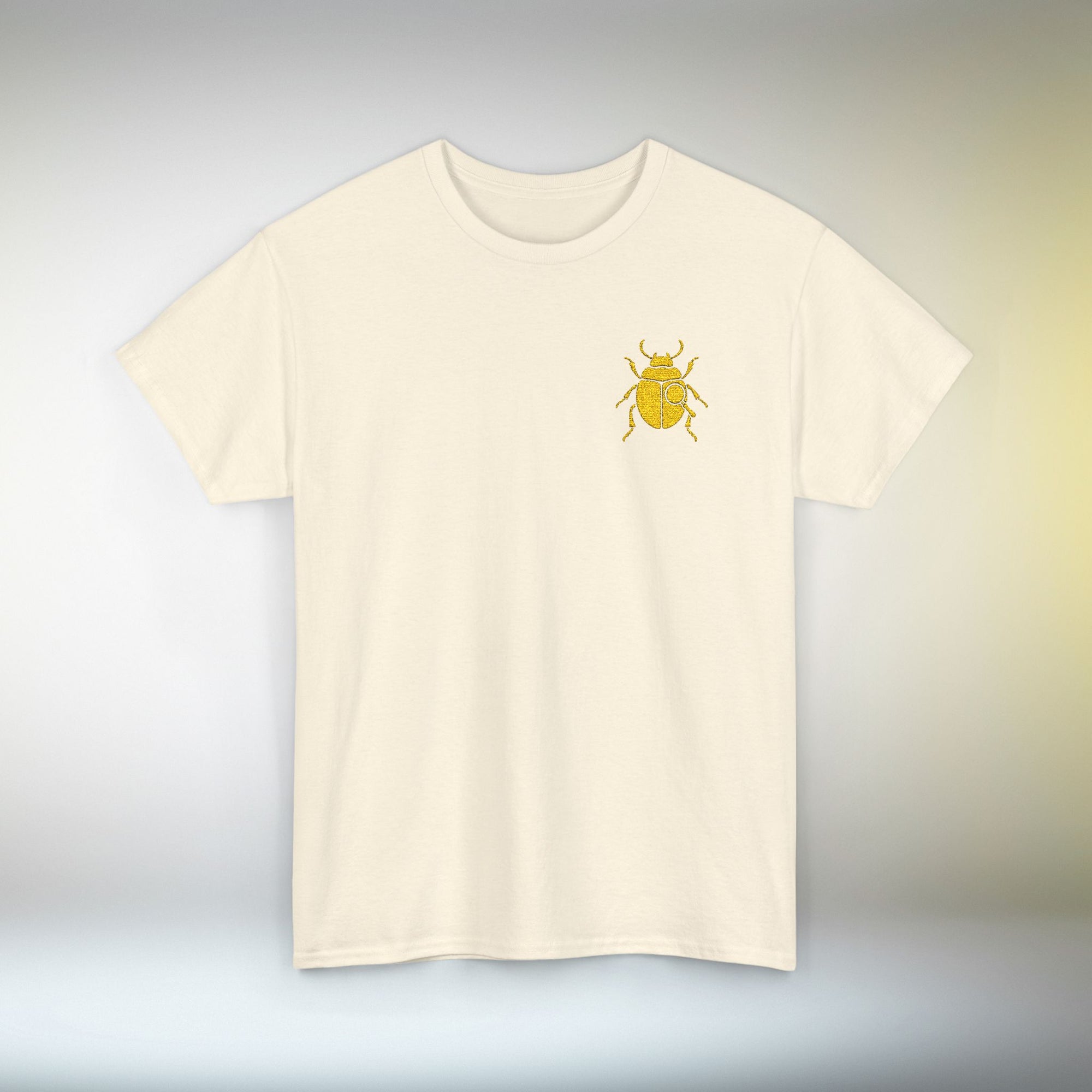 Gold Scarab Beetle Embroidered T-Shirt – Steampunk Insect Design, Unique Golden Bug Cotton Tee for Men & Women