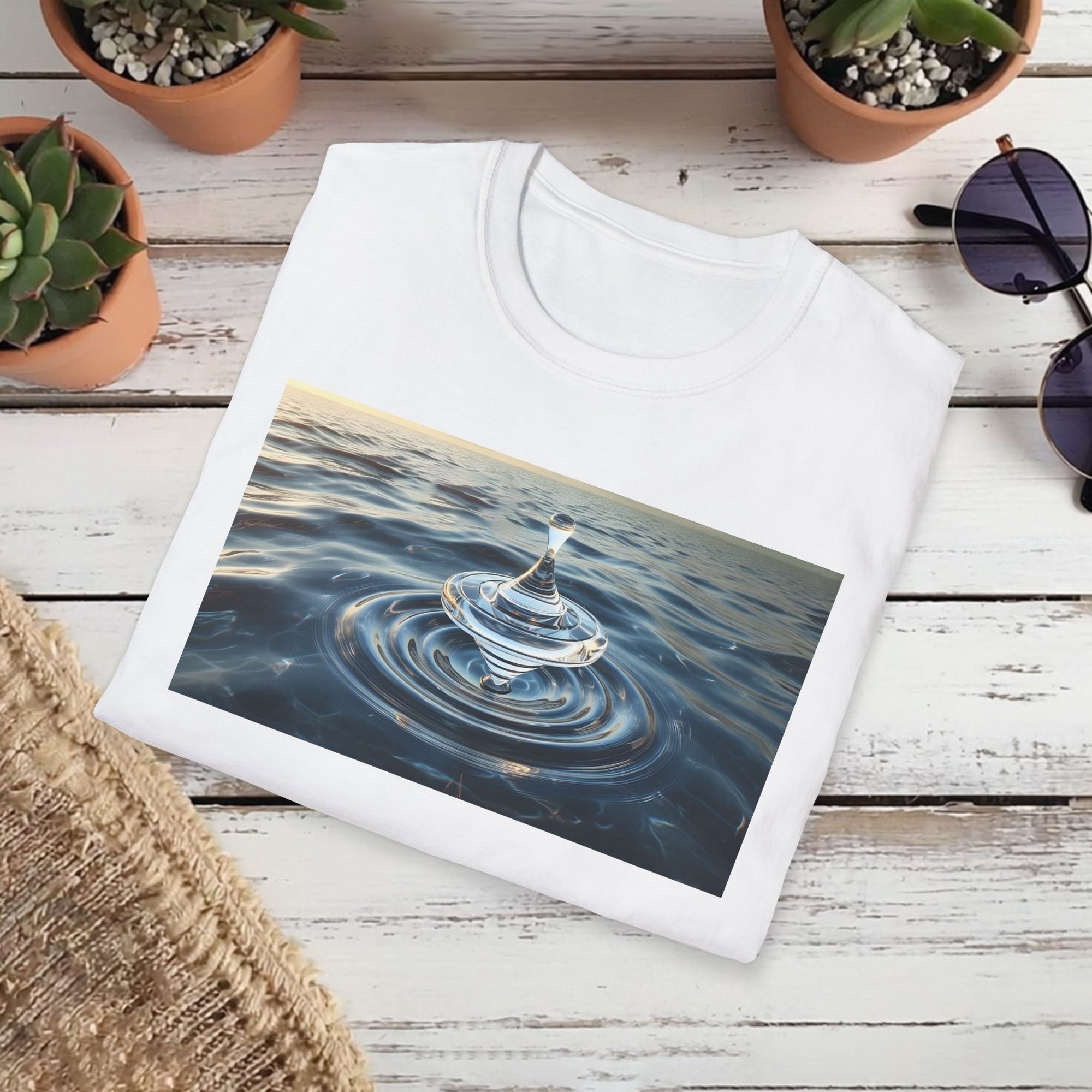 Glass Balance T-Shirt – Surreal Spinning Top Over Water | Reflective Zen Aesthetic Tee