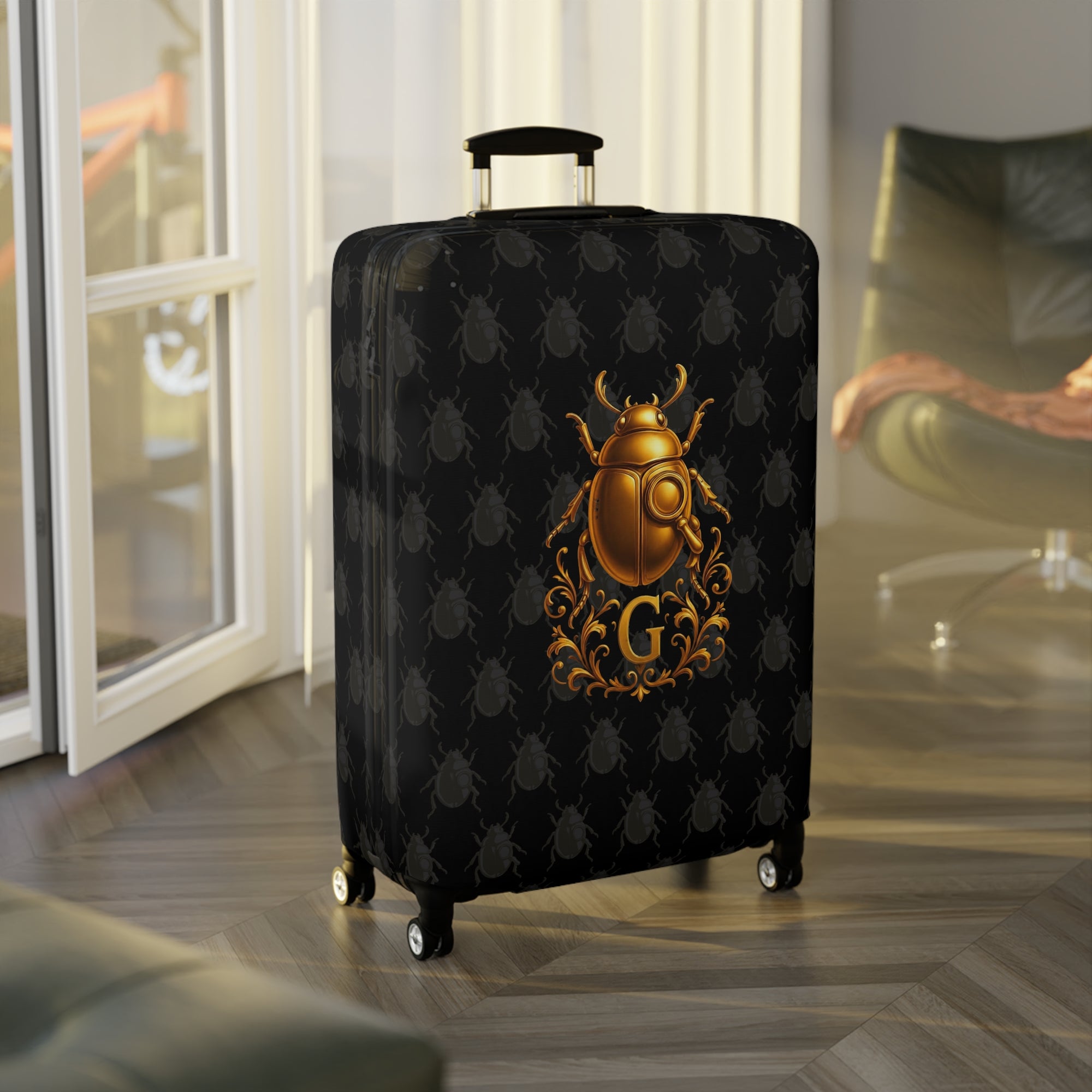Golden Beetle Initial 'G' Luggage Cover Travel Suitcase Mid-Century Vintage Style