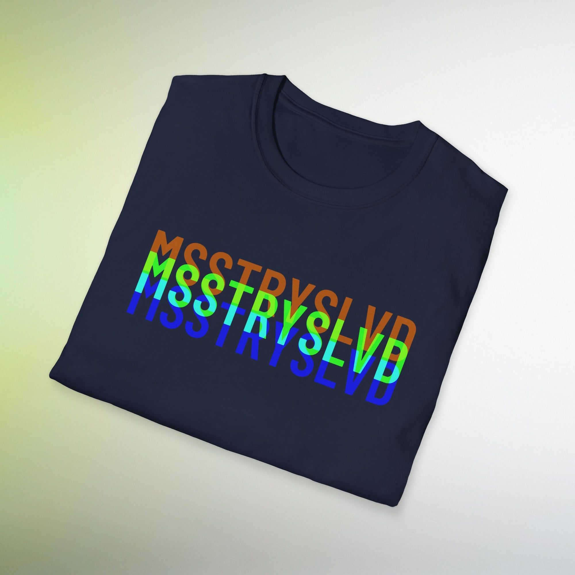 MSSTRYSLVD Neon Glitch Type T-Shirt – Bold Text Unisex Shirt, Typography Lovers Gift
