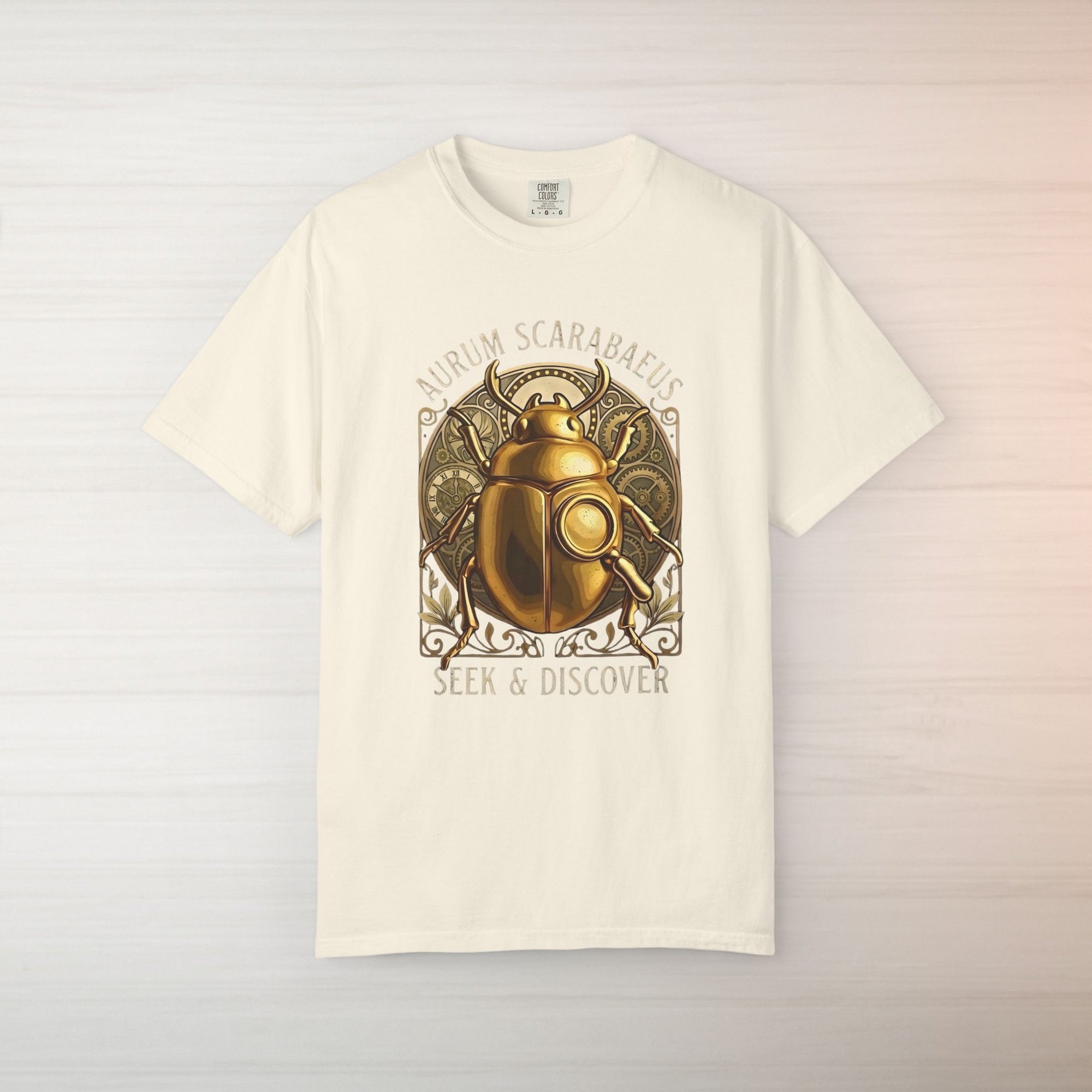 Golden Scarab T Shirt Aurum Scarabaeus | Seek & Discover Graphic Tee | Mystical Beetle Symbol Shirt | Unisex Vintage Art Tee