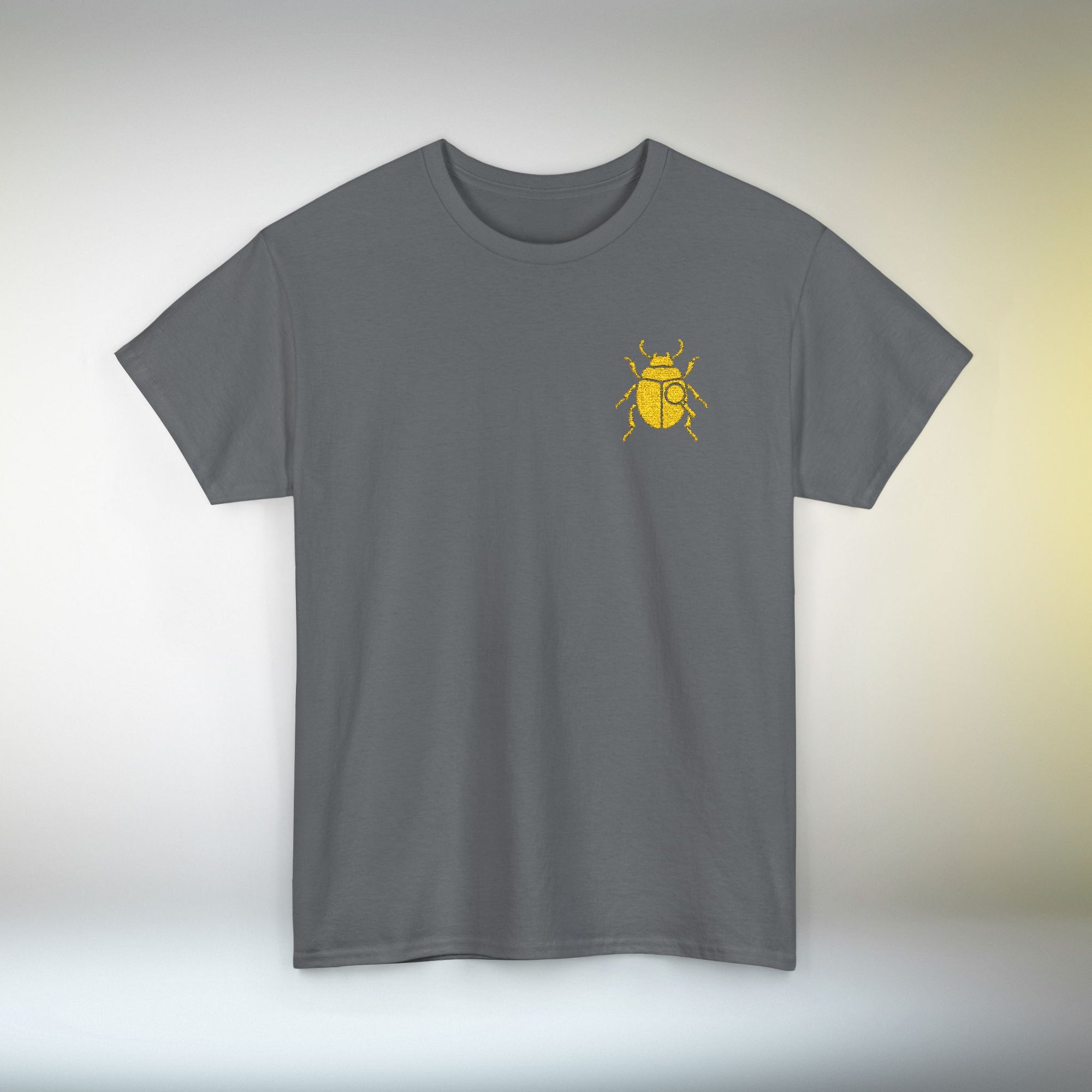 Gold Scarab Beetle Embroidered T-Shirt – Steampunk Insect Design, Unique Golden Bug Cotton Tee for Men & Women