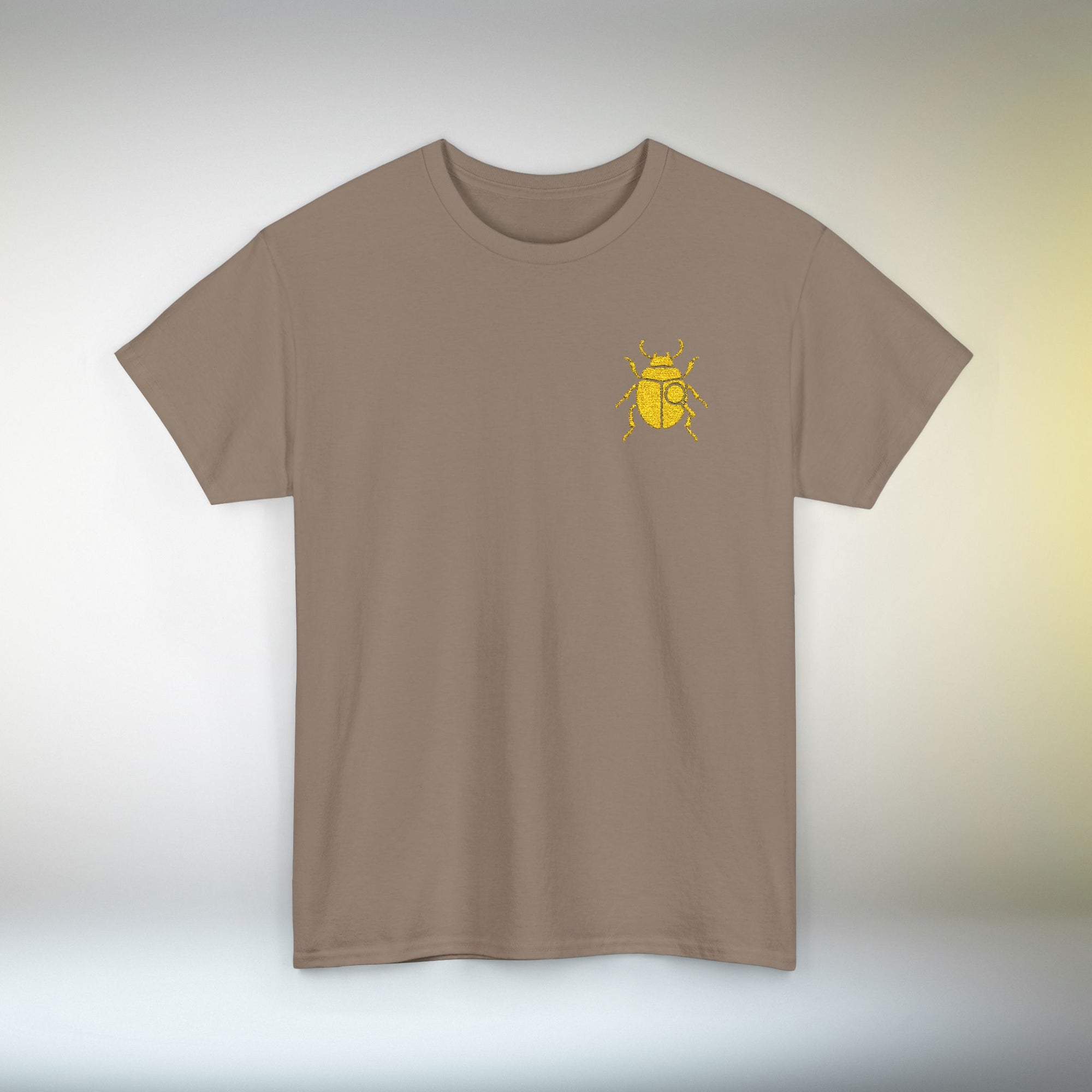Gold Scarab Beetle Embroidered T-Shirt – Steampunk Insect Design, Unique Golden Bug Cotton Tee for Men & Women